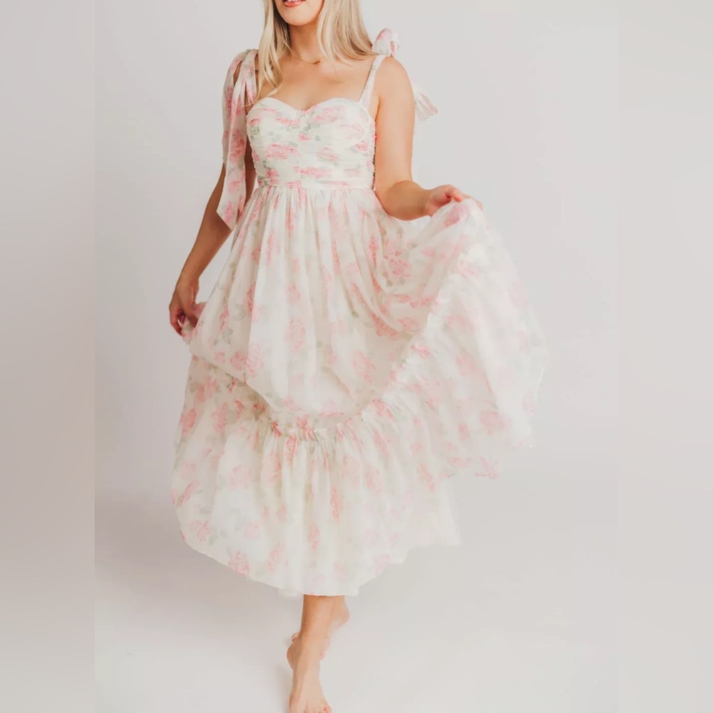Ruched floral midi dress with ties at shoulders